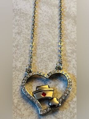 Source Unknown Silver Heart Nurse Cap Pendant Necklace with Red Accent